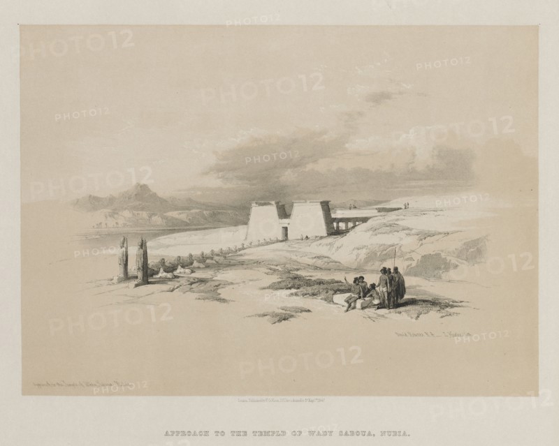 Egypt and Nubia, Volume I: Approach to the Temple  of Wady Saboua, Nubia, 1847. Louis Haghe (British, 1806-1885), F.G.Moon, 20 Threadneedle Street, London, after David Roberts (British, 1796-1864). Color lithograph; sheet: 35.7 x 43 cm (14 1/16 x 16 15/16 in.); image: 25.2 x 35.2 cm (9 15/16 x 13 7/8 in.).