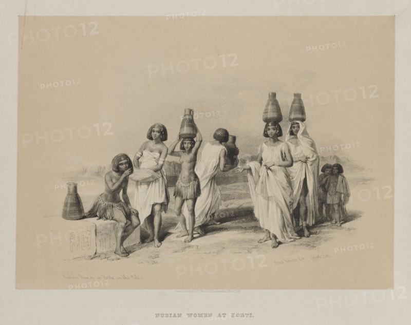 Egypt and Nubia, Volume I: Nubian Women at Kortie, on the Nile, 1847. Louis Haghe (British, 1806-1885), F.G.Moon, 20 Threadneedle Street, London, after David Roberts (British, 1796-1864). Color lithograph; sheet: 37.5 x 43 cm (14 3/4 x 16 15/16 in.); image: 25.5 x 35.3 cm (10 1/16 x 13 7/8 in.)