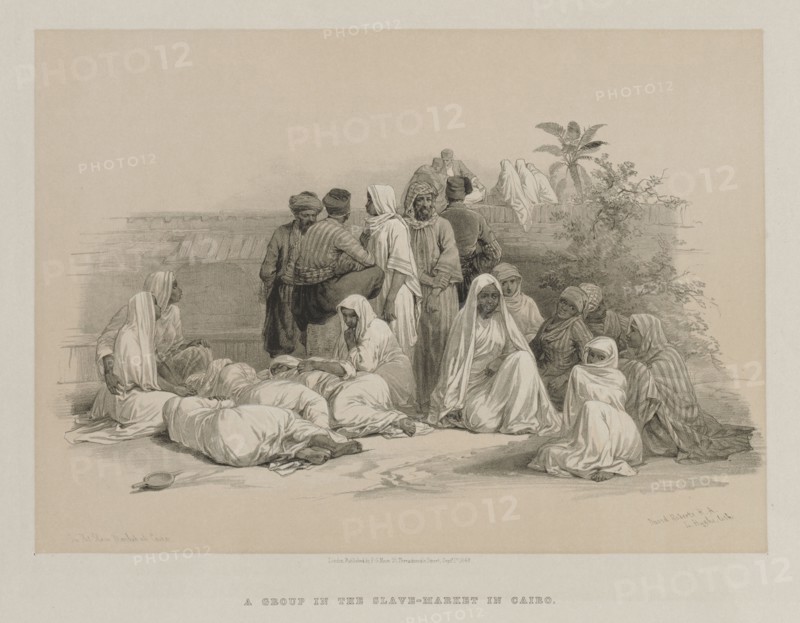 Egypt and Nubia, Volume III: In the Slave Market at Cairo, 1849. Louis Haghe (British, 1806-1885), F.G.Moon, 20 Threadneedle Street, London, after David Roberts (British, 1796-1864). Color lithograph; sheet: 37.4 x 43.6 cm (14 3/4 x 17 3/16 in.); image: 25.1 x 35.2 cm (9 7/8 x 13 7/8 in.)