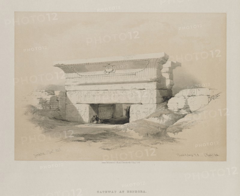 Egypt and Nubia, Volume I: Dendera, 1847. Louis Haghe (British, 1806-1885), F.G.Moon, 20 Threadneedle Street, London, after David Roberts (British, 1796-1864). Color lithograph; sheet: 39.9 x 42.9 cm (15 11/16 x 16 7/8 in.); image: 24.1 x 34.2 cm (9 1/2 x 13 7/16 in.)