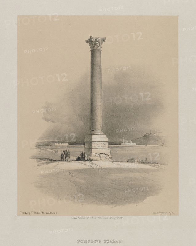 Egypt and Nubia, Volume I: Pompey's Pillar, Alexandria, 1846. Louis Haghe (British, 1806-1885), F.G.Moon, 20 Threadneedle Street, London, after David Roberts (British, 1796-1864). Color lithograph; sheet: 37 x 43.8 cm (14 9/16 x 17 1/4 in.); image: 26.8 x 21.6 cm (10 9/16 x 8 1/2 in.).