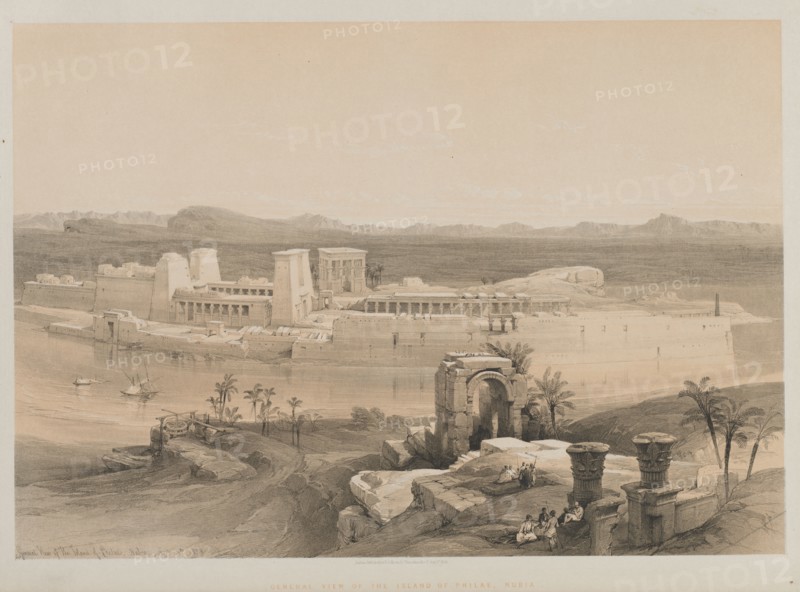 Egypt and Nubia, Volume I: General View of the Island of Philae, Nubia, 1846. Louis Haghe (British, 1806-1885), F.G. Moon, 20 Threadneedle Street, London, after David Roberts (British, 1796-1864). Color lithograph; sheet: 43.2 x 60.4 cm (17 x 23 3/4 in.); image: 36.4 x 52.3 cm (14 5/16 x 20 9/16 in.)