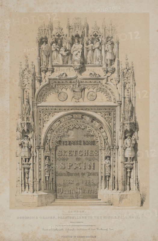 Picturesque Sketches in Spain: Title Page, 1837. Thomas Allom (British, 1804-1872), Hodgson & Graves 6, Pall Mall, London, after David Roberts (British, 1796-1864). Color lithograph; sheet: 54.8 x 37.5 cm (21 9/16 x 14 3/4 in.); image: 40.4 x 28.8 cm (15 7/8 x 11 5/16 in.)