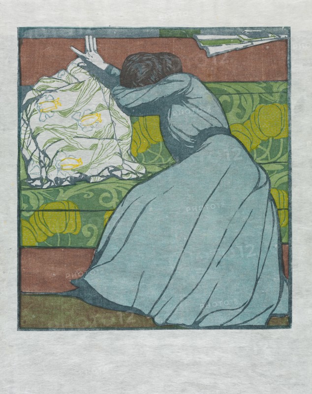 The Cushion (Martha Kurzweil Seated on a Divan), 1903. Max Kurzweil (Austrian, 1867-1916), Gesellschaft Fur Vervielfaltigende Kunst. Color woodcut; sheet: 42.3 x 30.9 cm (16 5/8 x 12 3/16 in.); image: 28.5 x 25.9 cm (11 1/4 x 10 3/16 in.); secondary support: 55.2 x 44.5 cm (21 3/4 x 17 1/2 in.)