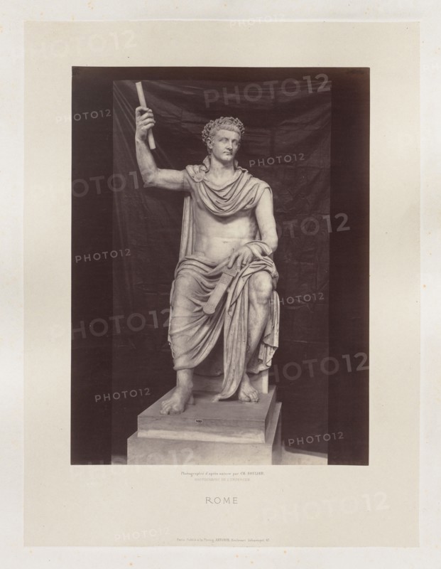 Statue de Tibere, Vatican, c. 1860. Charles Soulier (French, 1840-1875). Albumen print from a collodion negative; image: 40.7 x 30.5 cm (16 x 12 in.); paper: 40.7 x 30.5 cm (16 x 12 in.); mounted, primary: 53.8 x 40.5 cm (21 3/16 x 15 15/16 in.); mounted, secondary: 74.8 x 56 cm (29 7/16 x 22 1/16 in.).