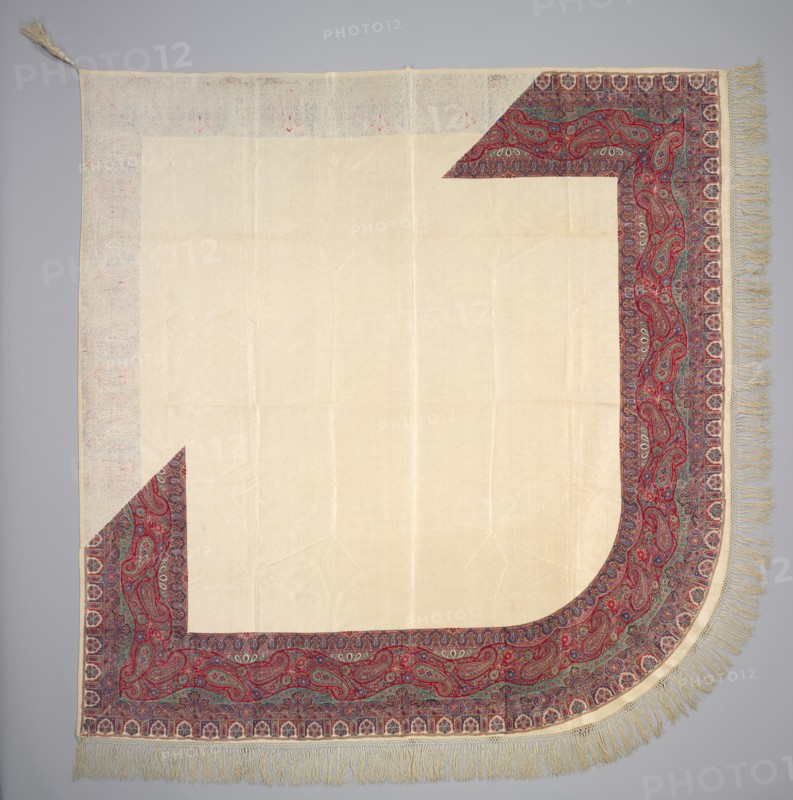 Printed Silk Turnover Shawl, 1835-1840. France, 19th century. Silk; woven and printed; overall: 179.1 x 179.1 cm (70 1/2 x 70 1/2 in.)