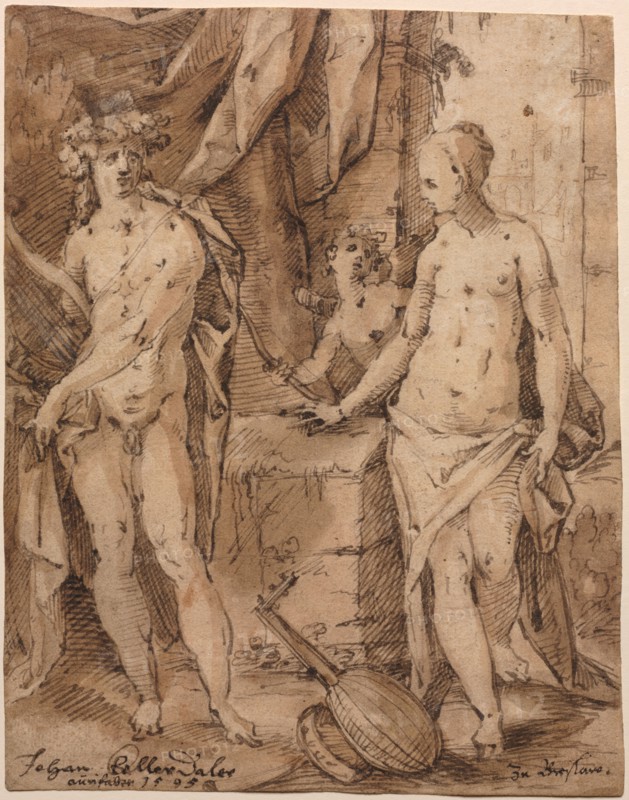 Apollo with Erato and Cupid, 1595. Johann Kellerthaler (German, c 1560/2-1611). Pen and black ink and brown wash heightened with white gouache ; sheet: 19.1 x 15 cm (7 1/2 x 5 7/8 in.).