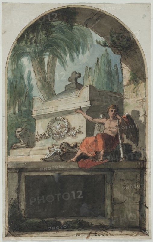 Design for a Fresco of the Tomb of Vincenzo Martinelli (1737-1807) in the Certosa of Bologna, c. 1810-1820. Pietro Fancelli (Italian, 1764-1850). Pen and brown ink and watercolor with graphite underdrawing; sheet: 47.2 x 29.8 cm (18 9/16 x 11 3/4 in.).