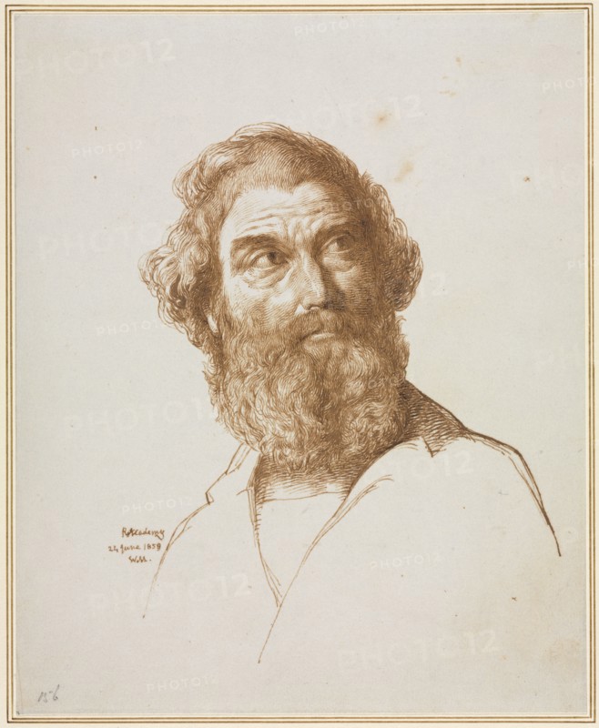 Head of a Bearded Man Gazing to His Left, 1859. William Mulready (British, 1786-1863). Pen and brown ink on wove paper lined with antique laid paper; sheet: 22.6 x 18.4 cm (8 7/8 x 7 1/4 in.); secondary support: 28.1 x 24 cm (11 1/16 x 9 7/16 in.).