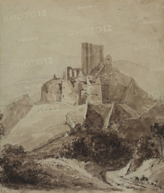Ruins of Chateau d'Arque, 1819. Isidore Justin Taylor (French, 1789-1879). Pen and brown ink, brush and brown wash over black chalk on laid paper; sheet: 21.5 x 18.3 cm (8 7/16 x 7 3/16 in.).
