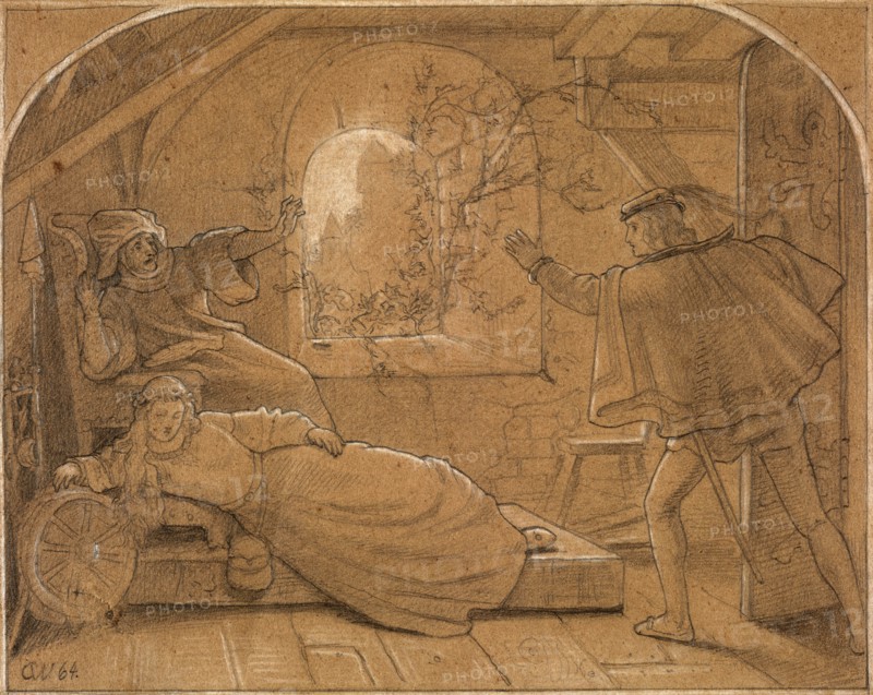Sleeping Beauty (Dornröschen), 1864. Anonymous. Graphite with white heightening on medium-weight brown wove paper; sheet: 18 x 22.5 cm (7 1/16 x 8 7/8 in.).