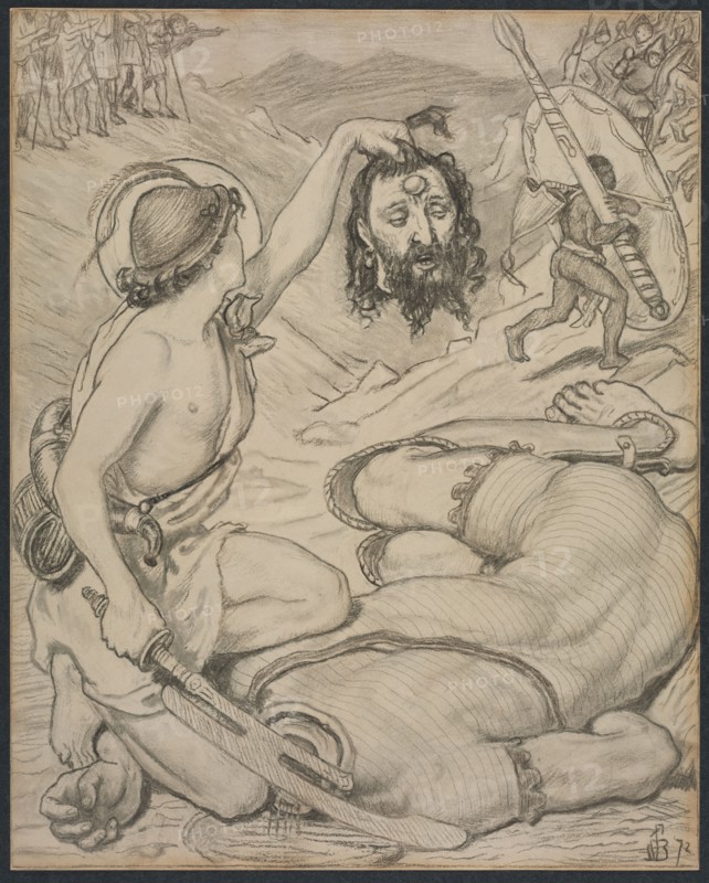 David and Goliath, Cartoon for Stained Glass Window at Jesus College, Cambridge, 1872. Ford Madox Brown (British, 1821-1893). Gray-black and brown-black charcoal, and graphite on light- to medium-weight Japanese paper; sheet: 52 x 41.7 cm (20 1/2 x 16 7/16 in.).