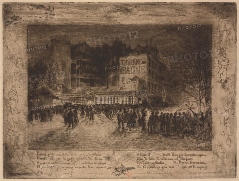 La Place des Martyrs et la Taverne du Bagne, 1885. Félix Hilaire Buhot (French, 1847-1898). Etching, aquatint, roulette, drypoint, and burnishing; sheet: 35.5 x 46.6 cm (14 x 18 3/8 in.); platemark: 33.6 x 44.7 cm (13 1/4 x 17 5/8 in.).
