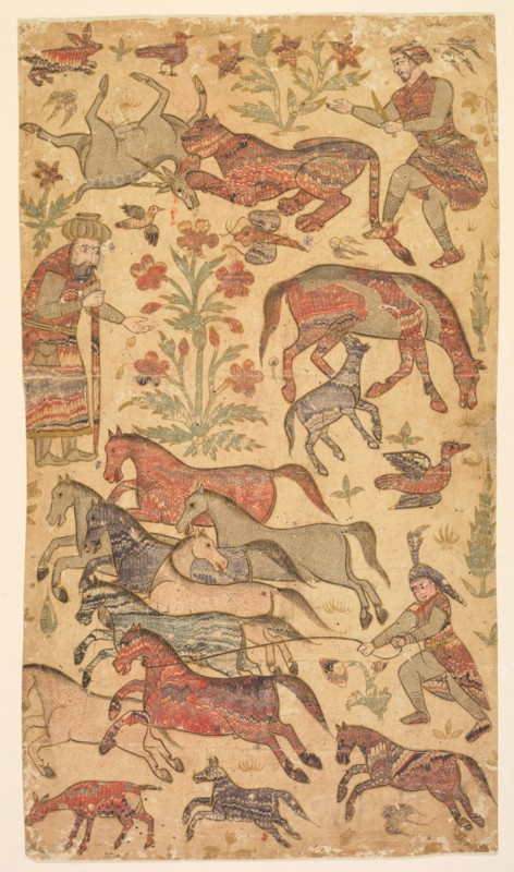 A marbled picture of Rustam catching Rakhsh, c. 1650. Attributed to Shafi (Indian, active about 1650). Opaque watercolor and gold on paper; page: 37.2 x 21 cm (14 5/8 x 8 1/4 in.).
