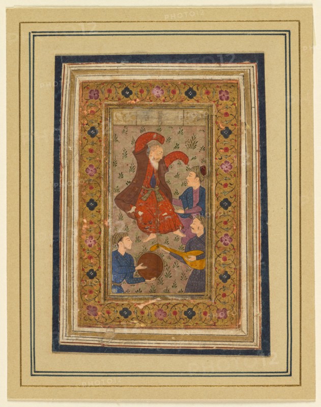 A dancing dervish and three musicians, from a Divan (Collected Poems) of Urfi (Persian, 1555–1591), 1637. India, Muhammadpur, Bijapur, Deccan, 17th century. Opaque watercolor with gold on paper, mounted with plain paper borders; page: 14.8 x 11.5 cm (5 13/16 x 4 1/2 in.); painting: 6.2 x 3.5 cm (2 7/16 x 1 3/8 in.).