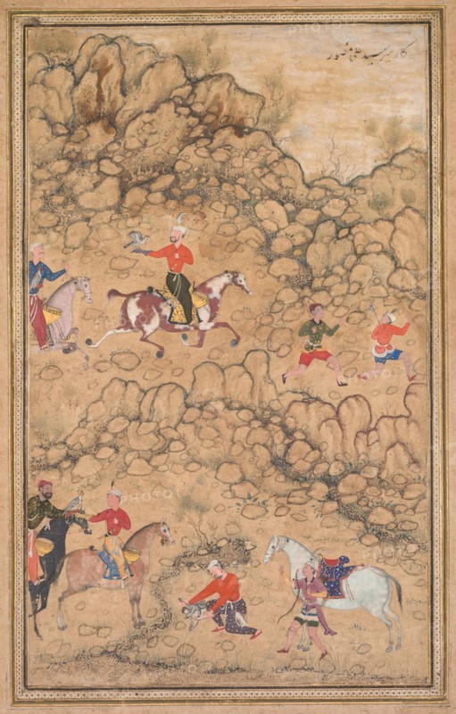 Hunting with Falcons in a Landscape, c. 1558-1560; borders added probably 1700s. Attributed to Abd al-Samad (Persian, c. 1510–1600). Opaque watercolor on paper (recto); page: 35.7 x 24.3 cm (14 1/16 x 9 9/16 in.).