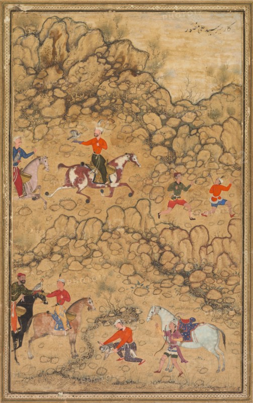 Hunting with falcons in a landscape; Verso: Calligraphy of Chaghatai Turkish poems in praise of wine, Sultan Muhammad Nur (Persian, c. 1472–1536) and Mirza Muhammad (probably Persian, active c. 1520s), c. 1558–60; borders added probably 1700s. Attributed to Abd al-Samad (Persian, c. 1510–1600). Opaque watercolor on paper (recto); ink on paper (verso); page: 35.7 x 24.3 cm (14 1/16 x 9 9/16 in.); painting: 21.5 x 13 cm (8 7/16 x 5 1/8 in.).