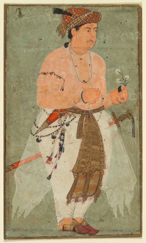 A Mughal Prince, Perhaps Danyal, Holding a Sprig of Flowers, c. 1580-1590. India, Mughal, 16th century. Opaque watercolor with gold on paper; miniature: 14.6 x 8.7 cm (5 3/4 x 3 7/16 in.).
