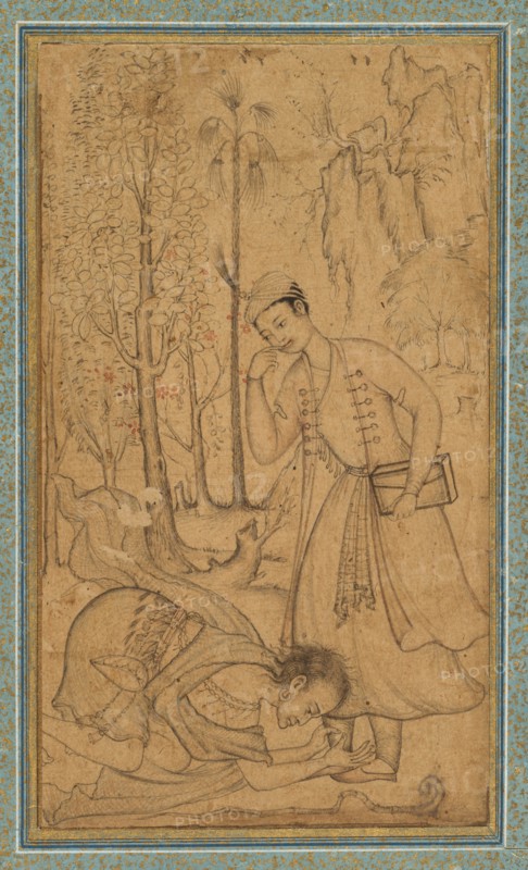 A Holy Man Prostrating Himself Before a Learned Prince, c. 1585; border added probably 1700s. Attributed to Manohar (Indian), and Basavana (Indian, active c. 1560–1600). Ink on paper, laid down with borders of gold-decorated blue paper; page: 31.5 x 19.7 cm (12 3/8 x 7 3/4 in.).