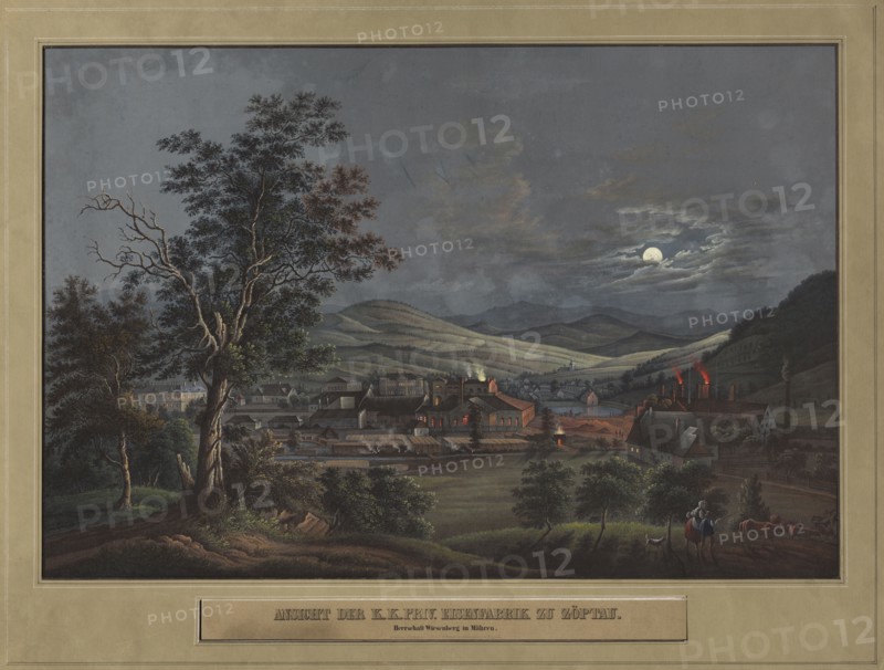 View of the K. K. Private Iron Factory in Zöptau, c. 1850. Carl Julius Rieden (German, 1802-1858), C. J. Rieden and E.W. Knippel, after Ernest William Knippel (German, 1811-1900). Lithograph hand-colored with gouache; sheet: 29.5 x 44.2 cm (11 5/8 x 17 3/8 in.); image: 29.5 x 44.2 cm (11 5/8 x 17 3/8 in.); mounted: 41 x 54.3 cm (16 1/8 x 21 3/8 in.).