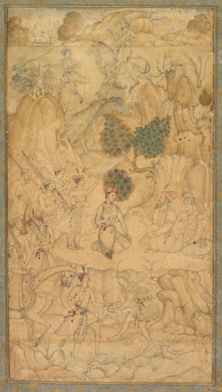 A Prince Visiting a Holy Man in a Rocky Landscape, c. 1590. India, Mughal, 16th century. Ink with use of opaque watercolor on paper, mounted with green borders decorated with gold floral motifs (recto); page: 34 x 20.7 cm (13 3/8 x 8 1/8 in.).