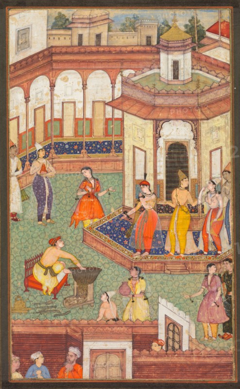 A Man Dips His Hand into a Cauldron as Ladies of the Harem Stand in Amazement: A Page from a Manuscript of Religious History, c. 1600. India, Mughal, early 17th century. Opaque watercolor with gold on paper, text on verso; page: 31.6 x 20.4 cm (12 7/16 x 8 1/16 in.).