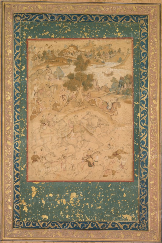 Akbar supervising the capture of wild elephants at Malwa in 1564, painting 90 from an Akbar-nama (Book of Akbar) of Abu’l Fazl (Indian 1551–1602), c. 1602–3; borders added c. 1700s. Attributed to Farukh Chela (Indian), or Govardhan (Indian, active c.1596-1645), or Dhanraj (Indian). Ink with use of colors and gold on paper, mounted on an album page with borders of gold-decorated buff and blue paper (verso); calligraphy by Faqir Ali (recto); page: 37.5 x 25.4 cm (14 3/4 x 10 in.).