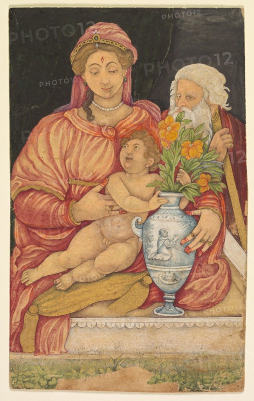The Holy Family, c. 1620s. Northern India, Mughal court, early 17th century. Opaque watercolor and gold on paper;