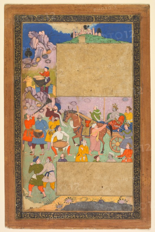 A charioteer riding through a rocky landscape with an entourage of footmen and musicians, page from a Razm-nama (Book of Wars) adapted from the Sanskrit Mahabharata and translated into Persian by Mir Ghiyath al-Din Ali Qazvini, known as Naqib Khan (Persian, d. 1614), 1616-1617. Attributed to Yusuf Ali (Indian, active early 1600s). Ink, opaque watercolor and gold on paper; page: 43.5 x 28.3 cm (17 1/8 x 11 1/8 in.).