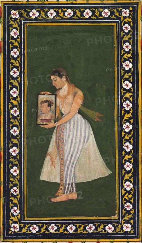 Nur Jahan, holding a portrait of Emperor Jahangir, c. 1627. Northern India, Mughal court, 17th century. Opaque watercolor and gold on paper; page: 30 x 22.1 cm (11 13/16 x 8 11/16 in.).