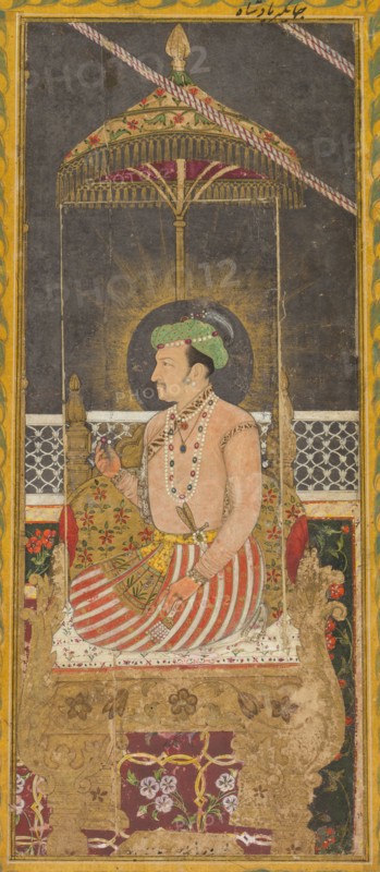 Posthumous portrait of Emperor Jahangir under a canopy (recto); Calligraphy (verso), c. 1650. India, Mughal, 17th century. Opaque watercolor and gold on paper, borders with floral motifs in colors and gold (recto); black ink on marbled paper, a Persian quatrain in calligraphy (verso); page: 35.2 x 22.1 cm (13 7/8 x 8 11/16 in.).