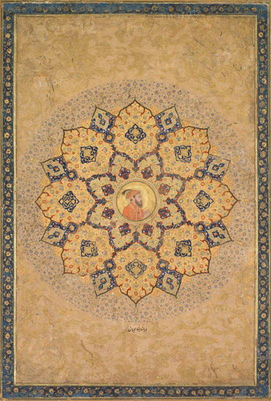 Shamsa (sunburst) with portrait of Aurangzeb (1618-1707), from the Emperor's Album (the Kevorkian Album), illumination 1640–55; original portrait c. 1640–50; altered after 1658. Probably by Bichitr (Indian, active c. 1615–50). Opaque watercolor and gold on paper; page: 40 x 27.7 cm (15 3/4 x 10 7/8 in.).