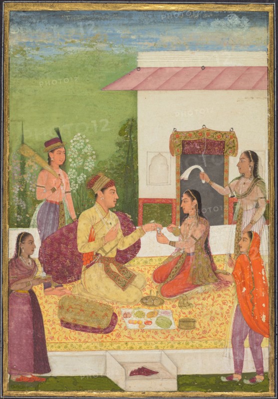 A prince conversing with a woman while taking refreshments on a terrace, c. 1710-1720. India, Mughal, 18th century. Opaque watercolor with gold on paper, blue and buff borders (recto); page: 30.5 x 24.1 cm (12 x 9 1/2 in.).