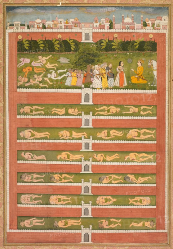 A Princess and Demons before a Nobleman: A Leaf from a Poetical Romance Relating to Shah Alam I, c. 1710. India, Mughal, early 18th century. Opaque watercolor with gold on paper (recto); page: 43 x 28.9 cm (16 15/16 x 11 3/8 in.).