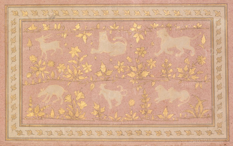 Stenciled Scenes of Lion and Gazelle, c. 1710. India, Mughal, early 18th century. Ink and gold on pink-speckled paper (verso); page: 43 x 28.9 cm (16 15/16 x 11 3/8 in.).