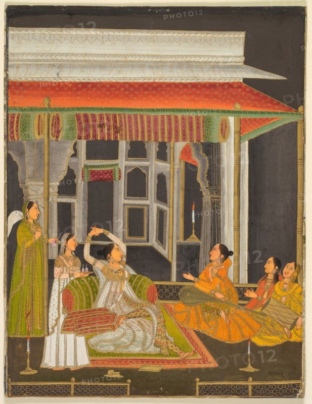 A Princess on a Terrace with Attendants at Night, c. 1760. India, Farrukhabad, Mughal, 18th century. Opaque watercolor with gold on paper (recto); miniature: 25.4 x 19.7 cm (10 x 7 3/4 in.).