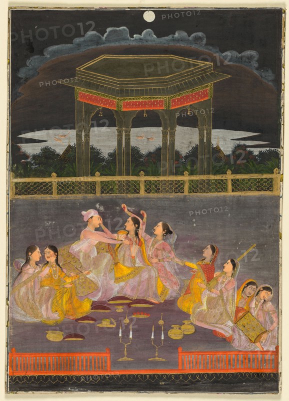 A prince celebrating Holi with palace women on a terrace at night; verso: calligraphy of a quatrain, c. 1760. India, Farrukhabad, Mughal, 18th century. Opaque watercolor and gold on paper (recto); ink on paper, four lines of Persian poetry (verso); page: 28.2 x 20.2 cm (11 1/8 x 7 15/16 in.).