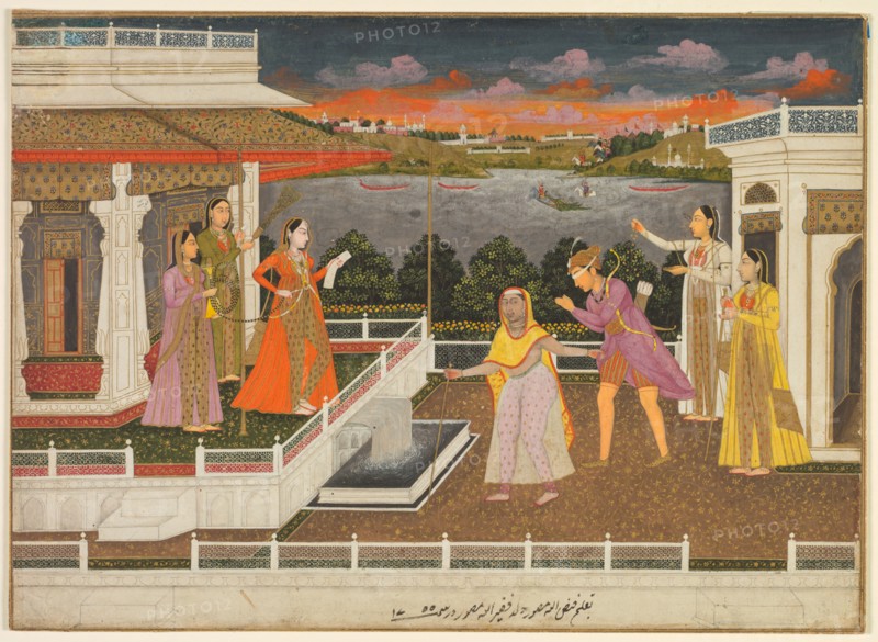 A blindfolded suitor is brought before a princess, 1755. Fayzullah (Indian, active c. 1730–1765). Opaque watercolor and gold on paper (recto)