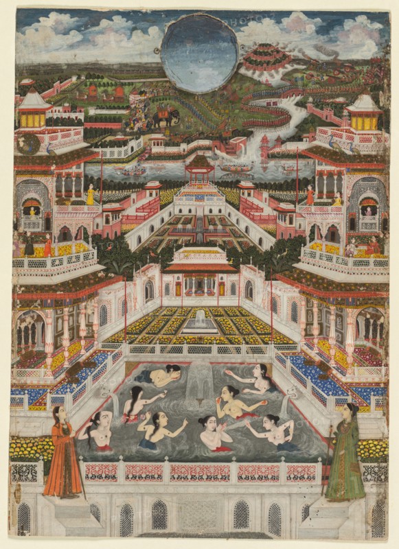 Women bathing before an architectural panorama, c. 1765. Fayzullah (Indian, active c. 1730–1765). Opaque watercolor and gold on paper;