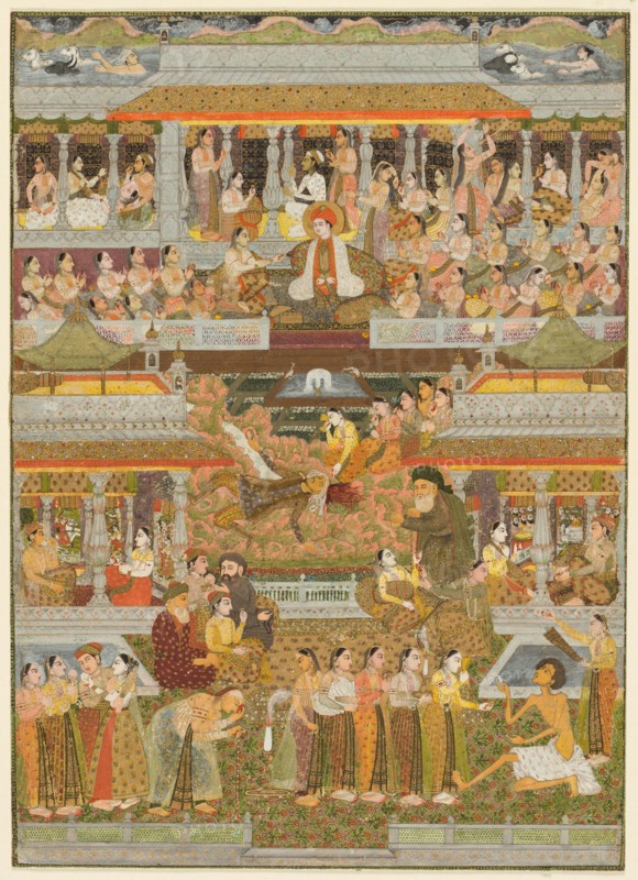 Lovers and beloveds: A composite of scenes from Persian, Urdu, and Sanskrit literature, c. 1735. Chitarman II (Indian, c. 1680–?. 1750). Opaque watercolor with gold on paper; painting: 41.2 x 29.6 cm (16 1/4 x 11 5/8 in.).