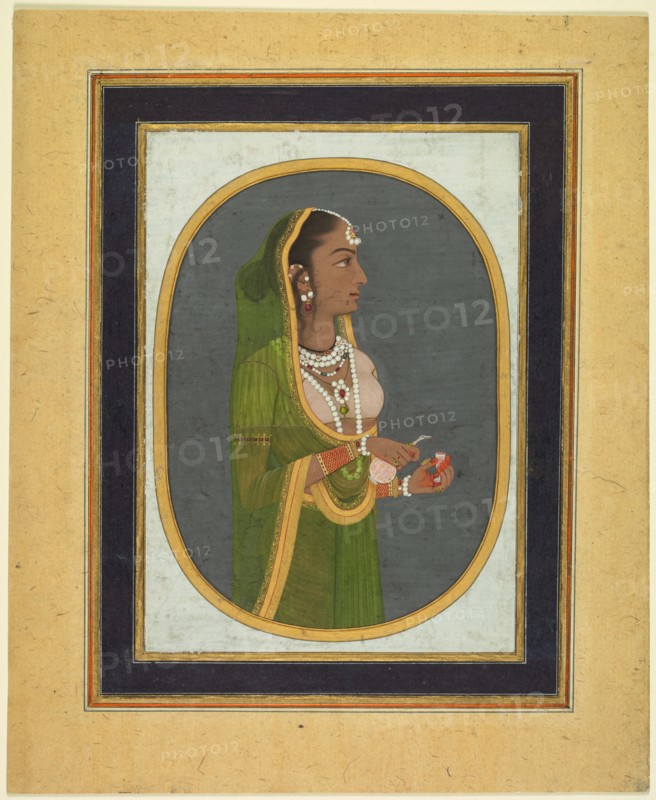 Court lady pouring wine, c. 1760; borders c. 1830s. Attributed to Muhammad Rizavi Hindi (Indian, active mid-1700s). Opaque watercolor, ink, and gold on paper; page: 30.6 x 25 cm (12 1/16 x 9 13/16 in.).