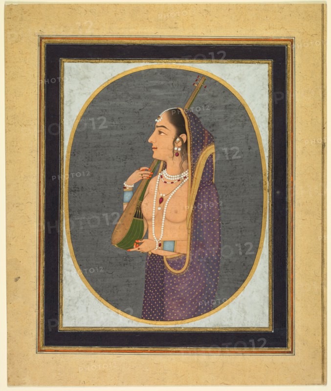 Court lady singing and playing the vina, c. 1760. India, Lucknow, Mughal, 18th century. Opaque watercolor, ink, and gold on paper (recto); miniature: 21.6 x 16.8 cm (8 1/2 x 6 5/8 in.).