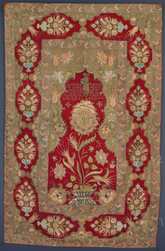 Embroidered Armenian liturgical curtain, 1763. Turkey, Constantinople/Istanbul, Ottoman period. Twill weave: wool; embroidery, chain stitch: silk, gilt- and silver-metal thread; overall: 183 x 119.4 cm (72 1/16 x 47 in.)
