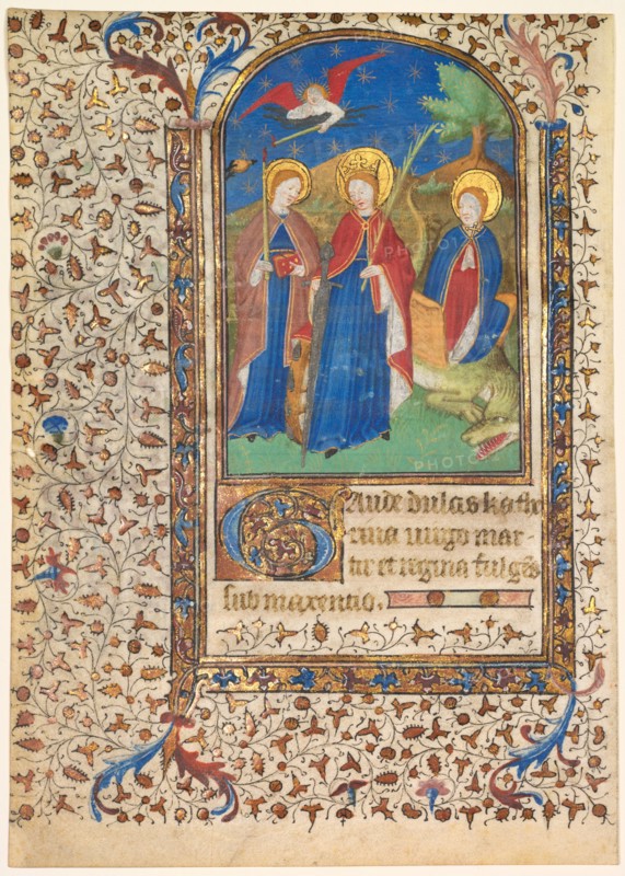 Leaf from a Book of Hours: Sts. Geneviève, Catherine of Alexandria, and Margaret (recto) and Text (verso), c. 1415. Workshop of Boucicaut Master (French, Paris, active about 1410-25). Ink, tempera, silver, and gold on vellum; leaf: 16 x 11.2 cm (6 5/16 x 4 7/16 in.)