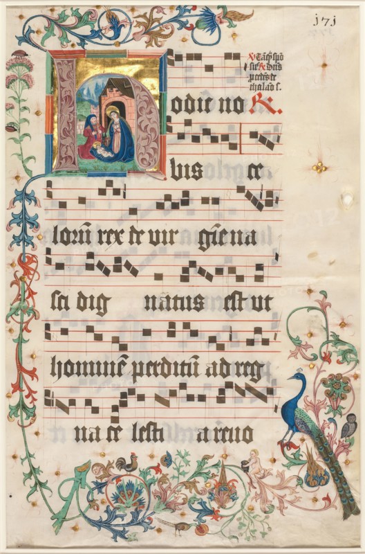 Leaf from an Antiphonary: Initial H with the Nativity (recto) and Text (verso), c. 1480. South Germany, Augsburg (?), 15th century. Ink, tempera and gold on vellum; leaf: 62.5 x 41 cm (24 5/8 x 16 1/8 in.)
