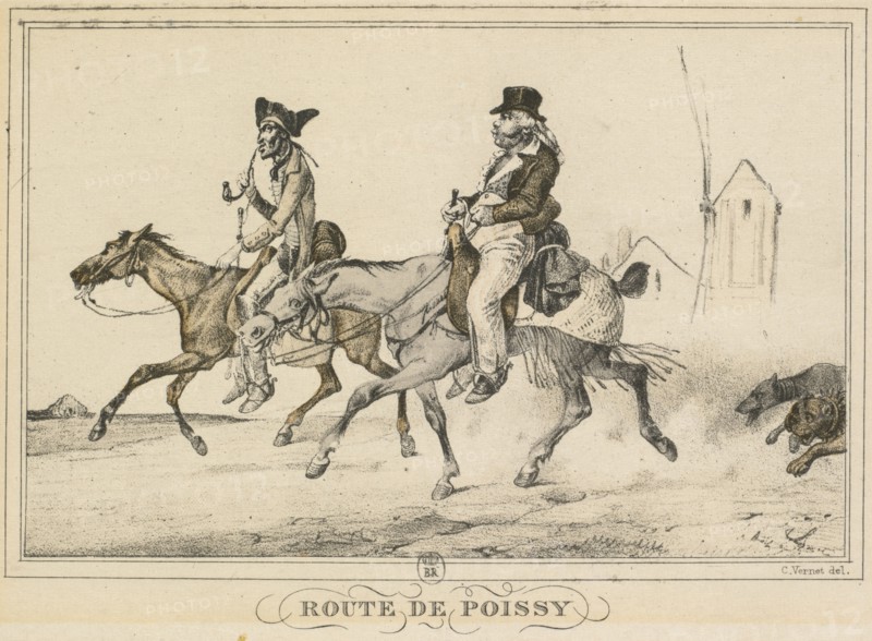 Route de Poissy, Route de St. Cloud, Route de Poste, Route du Marche: Scenes of Daily Life, Roads and Paths: Road to Poissy (Scènes de la vie quotidienne, Routes et Chemins: Route de Poissy), 1816. Carle Vernet (French, 1758-1836), Published by Bance. Lithograph gravure en couleurs a l'aquantinte par Debucourt; sheet: 9.1 x 14 cm (3 9/16 x 5 1/2 in.); image: 8.3 x 11.5 cm (3 1/4 x 4 1/2 in.).