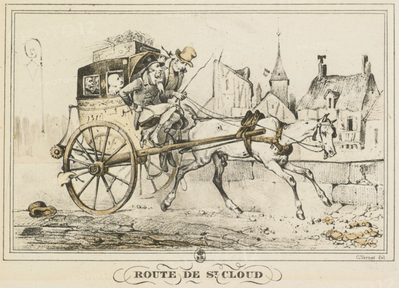 Scenes of Daily Life, Roads and Paths: Road to Saint-Cloud (Scènes de la vie quotidienne, Route et Chemins: Route de Saint-Cloud), 1816. Carle Vernet (French, 1758-1836), Bance. Lithograph gravure en couleurs a l'aquantinte par Debucourt; sheet: 9 x 14 cm (3 9/16 x 5 1/2 in.); image: 8.4 x 11.6 cm (3 5/16 x 4 9/16 in.)