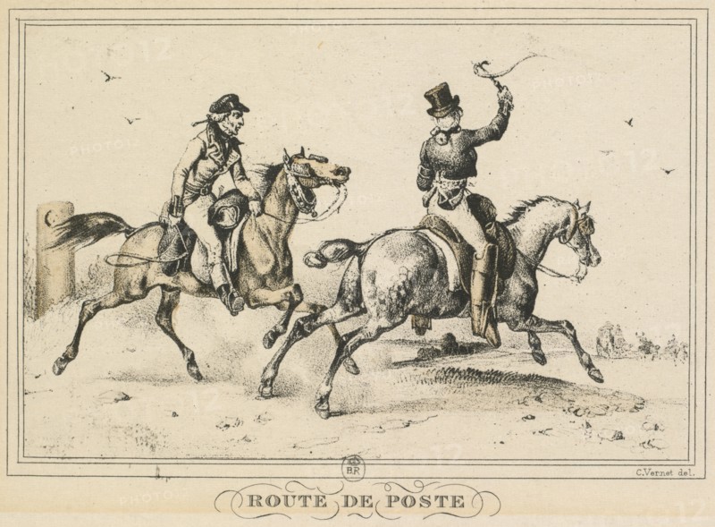 Scenes of Daily Life, Roads and Paths: Mail Route (Scènes de la vie quotidienne, Route et Chemins: Route de Poste), 1817. Carle Vernet (French, 1758-1836), Bance. Lithograph gravure en couleurs a l'aquantinte par Debucourt; sheet: 9 x 14.1 cm (3 9/16 x 5 9/16 in.); image: 8.3 x 11.4 cm (3 1/4 x 4 1/2 in.).