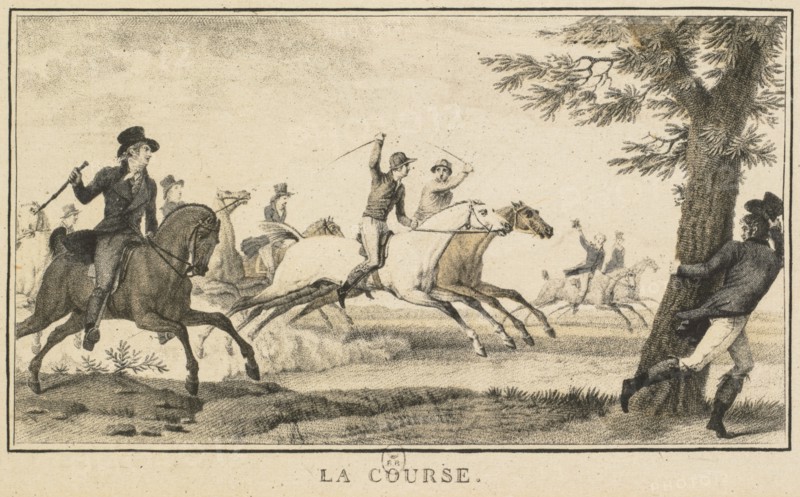 Racing Scenes: The Race (Scènes Hippiques: La course). Carle Vernet (French, 1758-1836), Gravure en noir a l'aquatinte par Jazet, published by Jazet and Aumont. Lithograph; sheet: 9.1 x 14.1 cm (3 9/16 x 5 9/16 in.); image: 6.6 x 10.9 cm (2 5/8 x 4 5/16 in.)