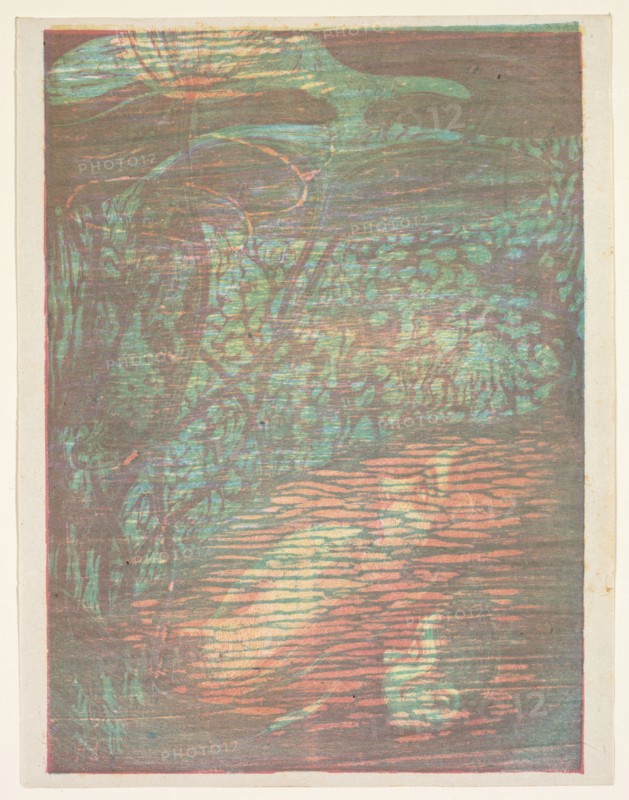 published in Le Centure by Jacques Emil Blanche, Henri Heran and Paul Ranson: Frightened Nymph (Nymphe Effraye), 1896. Paul Herrmann (French, 1864-1940). Color woodcut and lithograph; sheet: 23 x 16.5 cm (9 1/16 x 6 1/2 in.); image: 23.5 x 18.1 cm (9 1/4 x 7 1/8 in.)